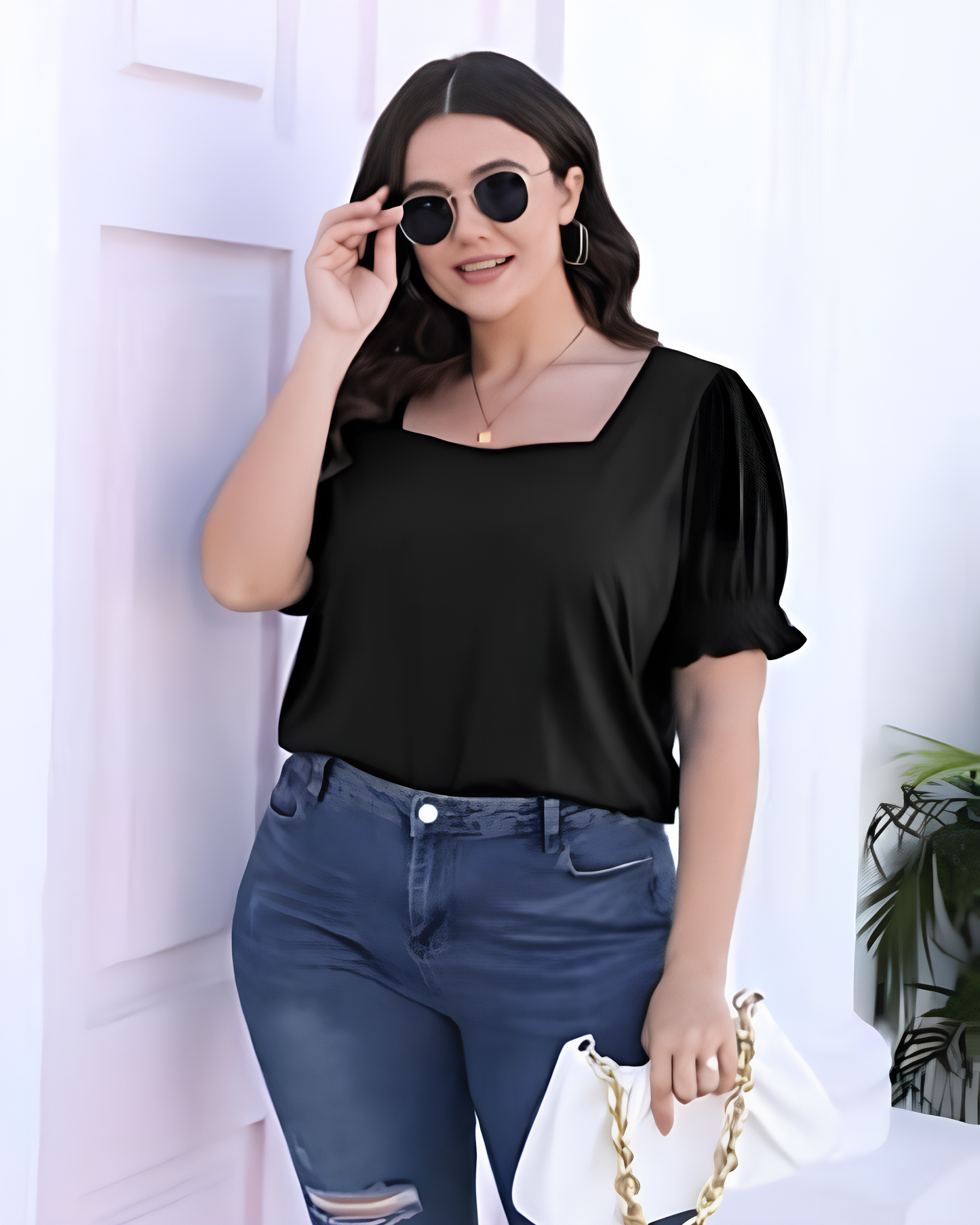 Bluză Casual Pentru Femei cu Gât Pătrat și Mâneci încrețite