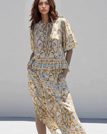 Bluză Boho Albastru Marin cu Imprimare de Scoici și Stele de Mare