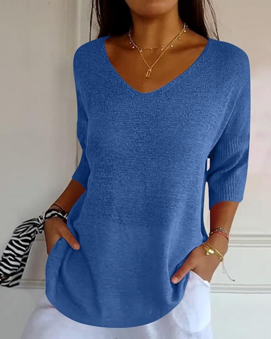 Bluză Tricotată cu Mâneci Franțuzești cu Mâneci Franțuzești Pentru Femei Ușoare cu Gât în ​​​​V 