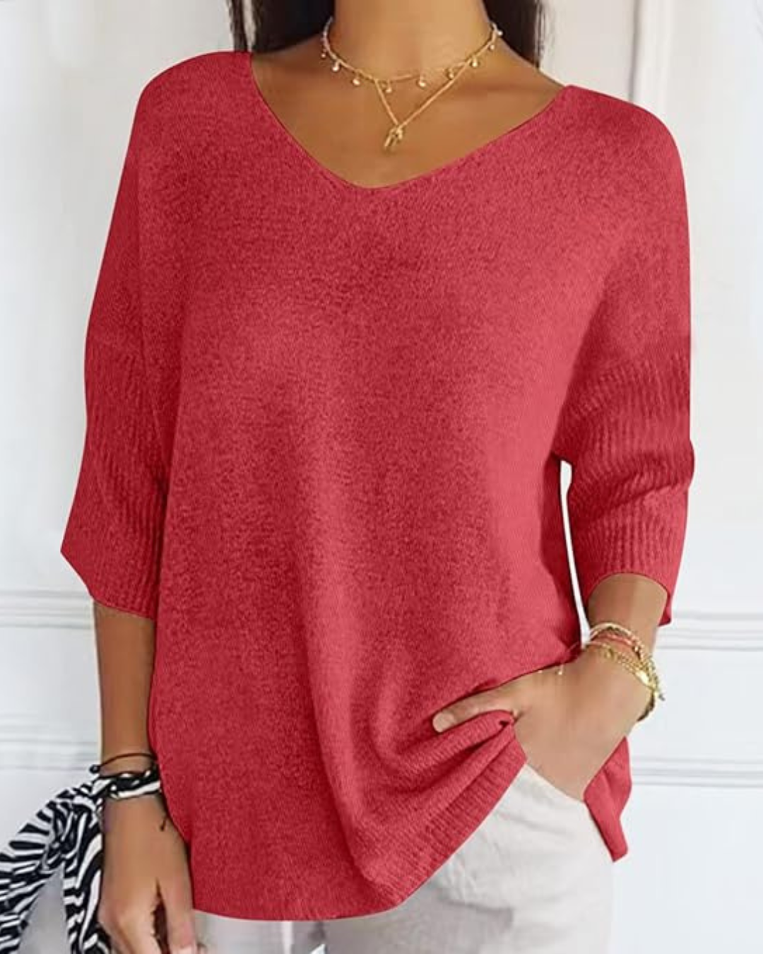 Bluză Tricotată cu Mâneci Franțuzești cu Mâneci Franțuzești Pentru Femei Ușoare cu Gât în ​​​​V 