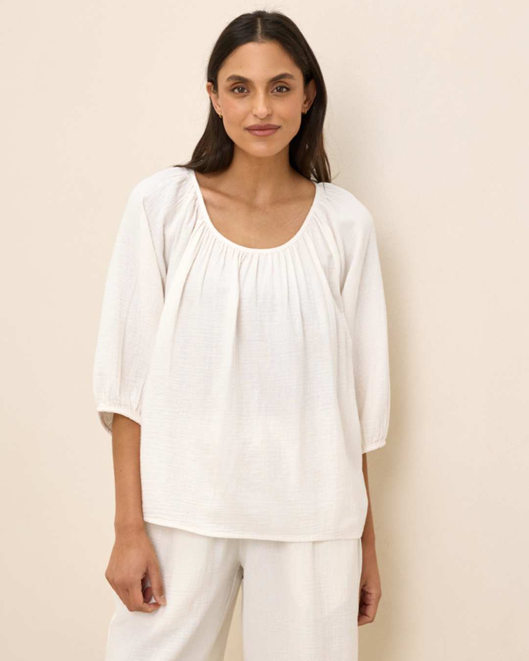 Bluză cu gât Rotund Double Gauze Lightness și Stil Natural