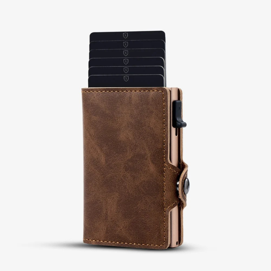 Geantă luxoasă cu protecție RFID și design compact