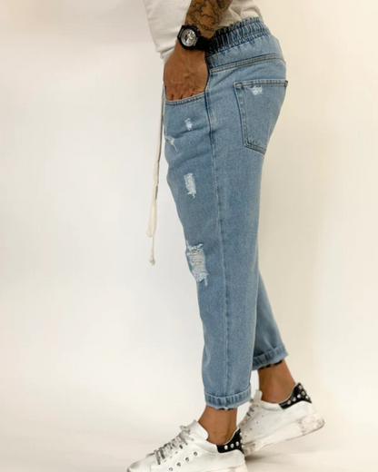 Blugi Cropped cu Șireturi și Tăieturi 