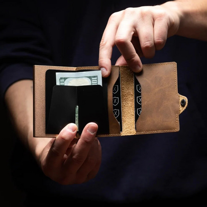 Geantă luxoasă cu protecție RFID și design compact